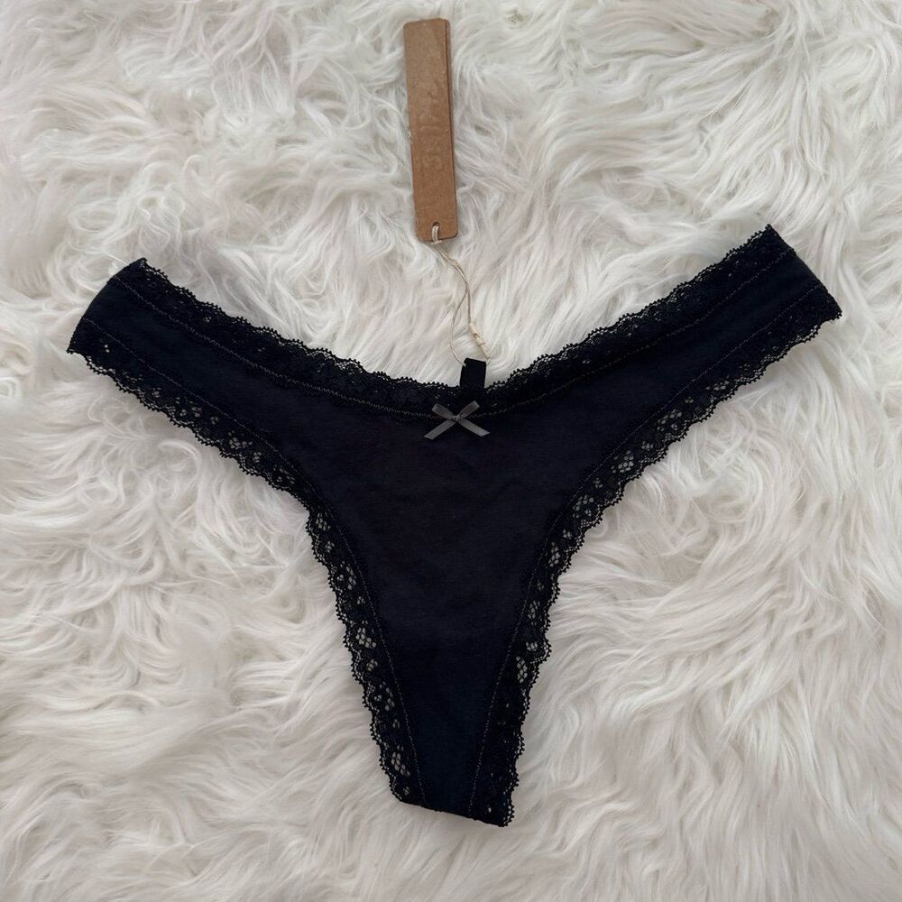 Skims Lightweight Cotton Lace Trim Thong Soot Tonal Size Small